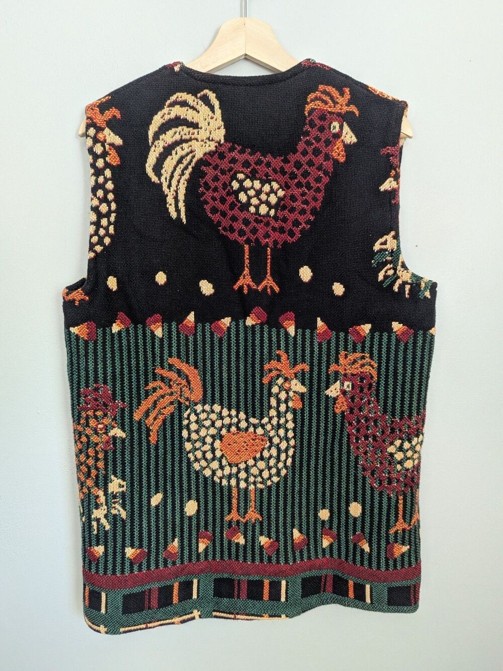 Vintage Tapestry Blanket Vest Chicken Rooster Print Open Handmade Cotton S M EUC